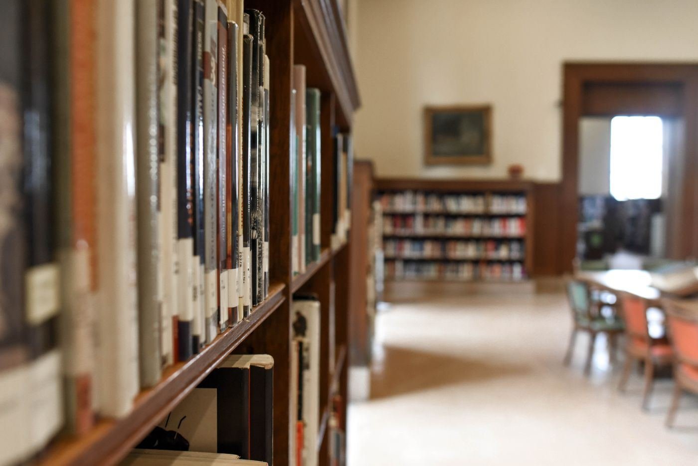 Masif ahşap kitaplık rafları ve kitap sırtları, sıcak iç mekân